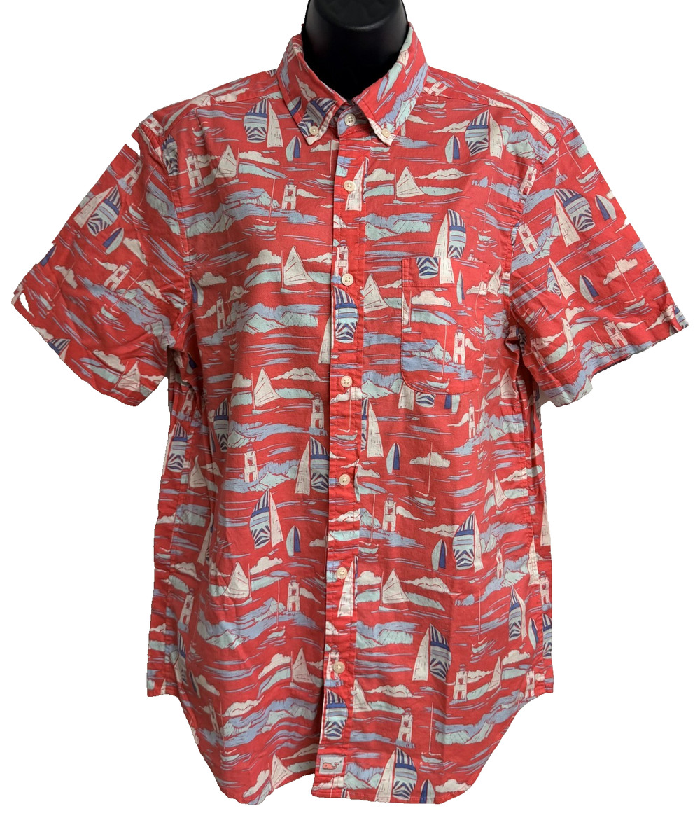 Vineyard Vines Classic Fit Murray Shirt Men's Medium Coral Sailboat Lighthouse